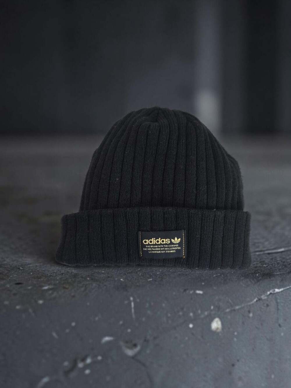 Adidas Originals Wide Ribbed Knit Beanie with Gold Trefoil Logo Patch